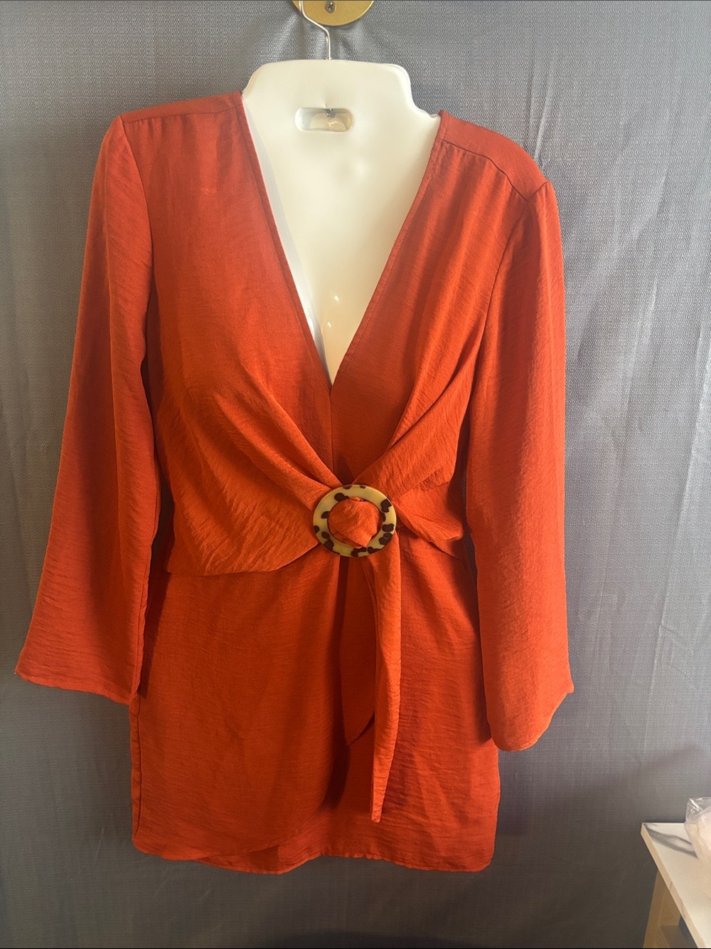 Topshop Rust Orange Wrap Mini Dress with Tortoiseshell Ring